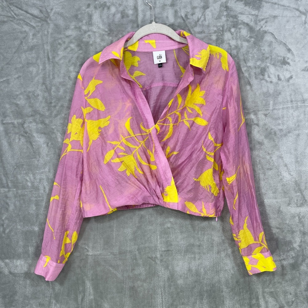 Cabi Drift Top Wrap Blouse Size XS Silky Semi Sheer Pink Purple Yellow Collared